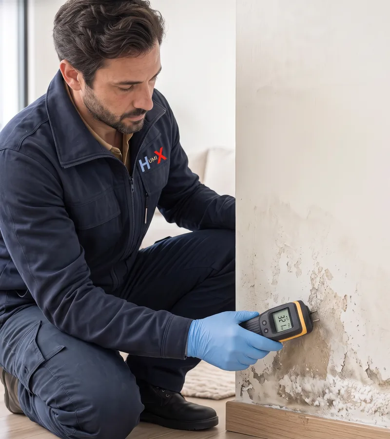 Rising damp and blown plaster at the bottom of a wall in Altrincham